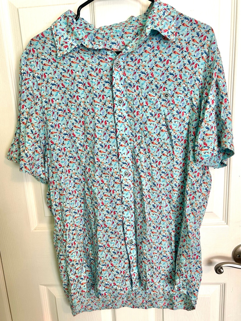 Men's Short-Sleeve Tropical Birds Casual Button-Up Shirt - Light Aqua